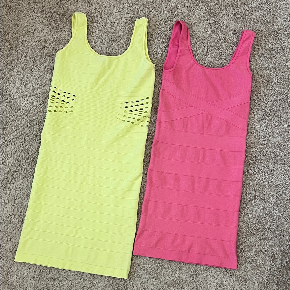 Iconic Bebe Bandage Mini Dresses Set of 2: Yellow and Pink Size Small